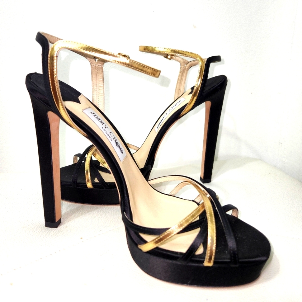 JIMMY CHOO GORGEOUS BLACK SATIN & GOLD ANKLE STRAP SANDALS 40.5